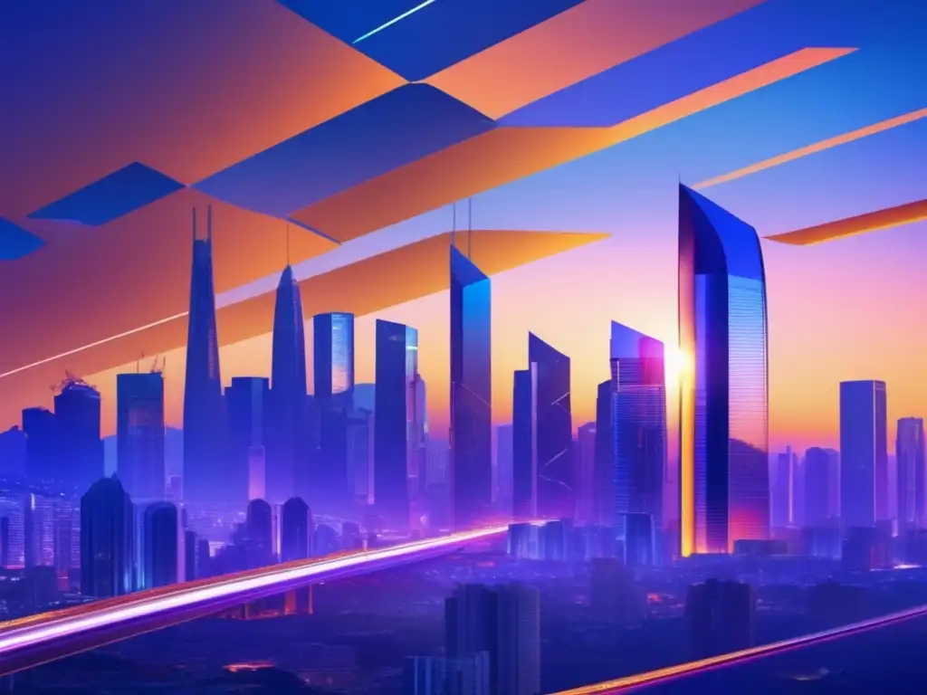 Futuro financiero: Ciudad futurista al atardecer Futuros financieros: Inversiones en una ciudad futurista, con rascacielos de vidrio y acero, mercado activo