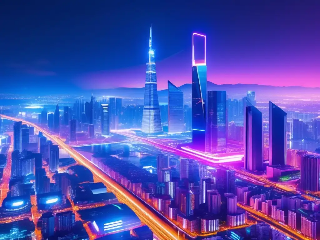 Futuro ciudad nocturna con luces neón Futuroso paisaje nocturno de una ciudad iluminada por neones, símbolo de la economía criptomonedas y tokenomics