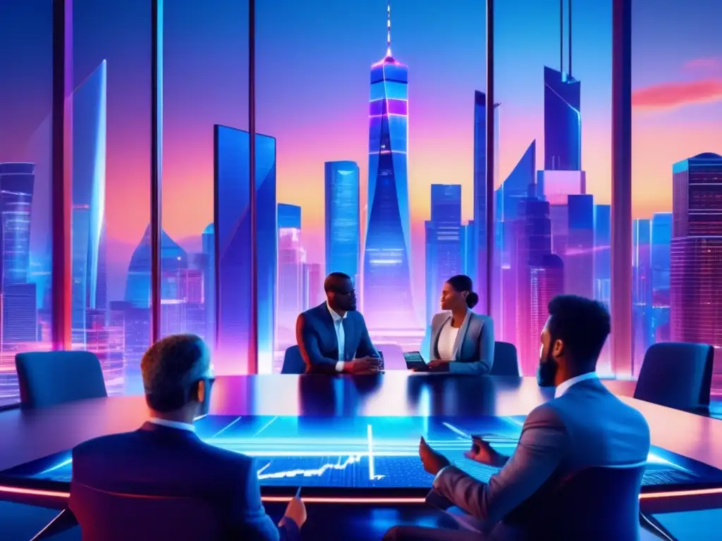 Ciudad futurista con profesionales y gráficos holográficos Futuroso paisaje urbano al atardecer con rascacielos y profesionales discutiendo estrategias de inversión millonarios ETFs