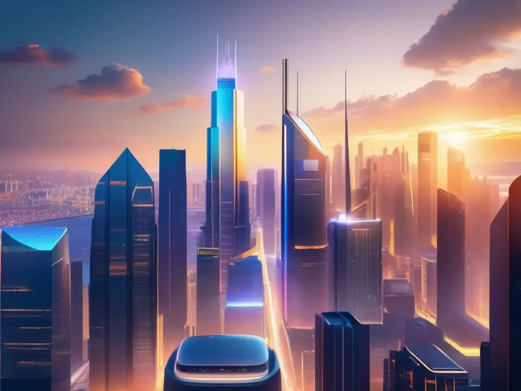 Futurista ciudad con rascacielos y tecnología Futuroso paisaje urbano fintech: Desafíos de escalabilidad para empresas fintech
