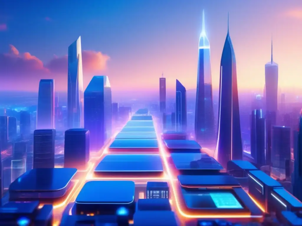 Futurista metrópolis con roboasesores y humanos en colaboración Futuroso paisaje urbano 8K con edificios modernos y tecnología avanzada