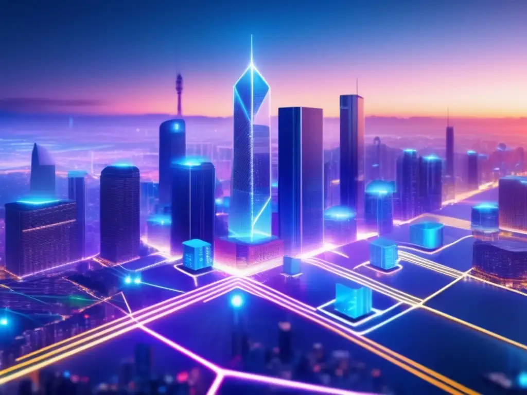 Ciudad futurista con nodos blockchain Futuroso paisaje urbano con nodos vibrantes en red, simbolizando la importancia de los nodos en criptomonedas