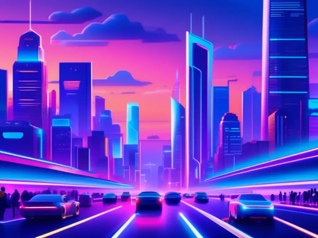 Futuroso paisaje urbano con rascacielos iluminados Futuroso paisaje urbano con rascacielos altos y modernos, iluminados con luces neón