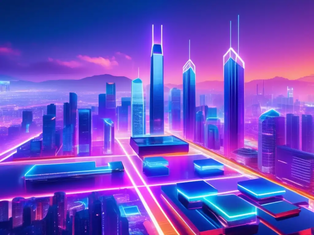 Futuro blockchain: ciudad futurista, rascacielos, profesionales Futuroso paisaje urbano con rascacielos de vidrio y acero que representan la tecnología blockchain