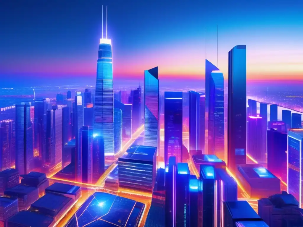 Futurista ciudad FinTech en crecimiento Futuroso paisaje urbano con rascacielos modernos, tecnología FinTech y estrategias de diversificación
