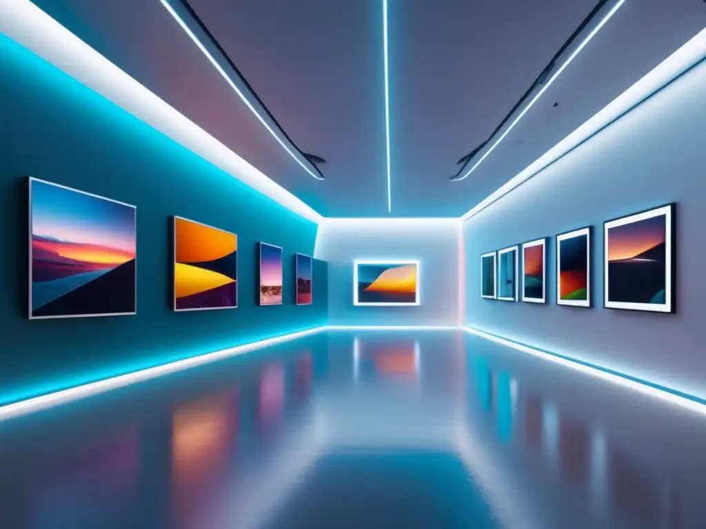 Galería de arte futurista con obras vibrantes y diversidad Galería de arte futurista con obras vibrantes y elegantes