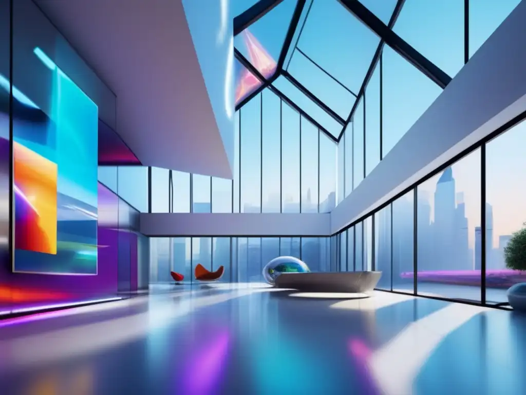 Galería de arte futurista y vibrante Galería de arte futurista con obras vibrantes y arquitectura moderna - Planificación fiscal para inversiones en arte