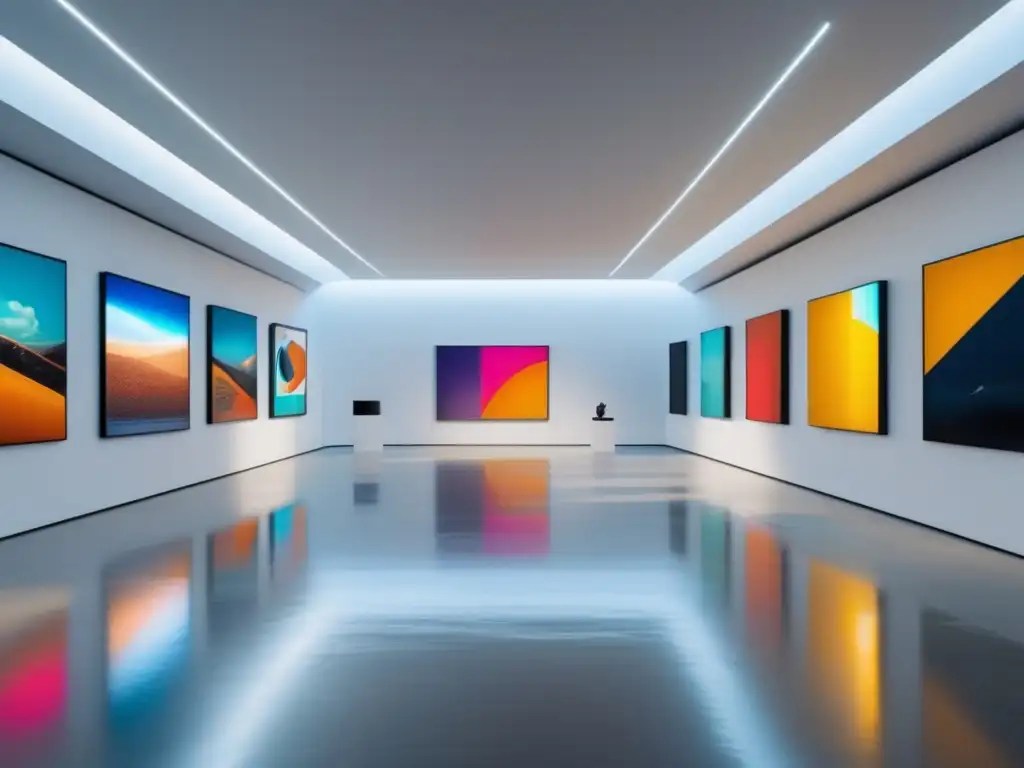 Futurista galería de arte con tecnología blockchain Galería de arte futurista con ventanas de piso a techo, obras vibrantes y diversas