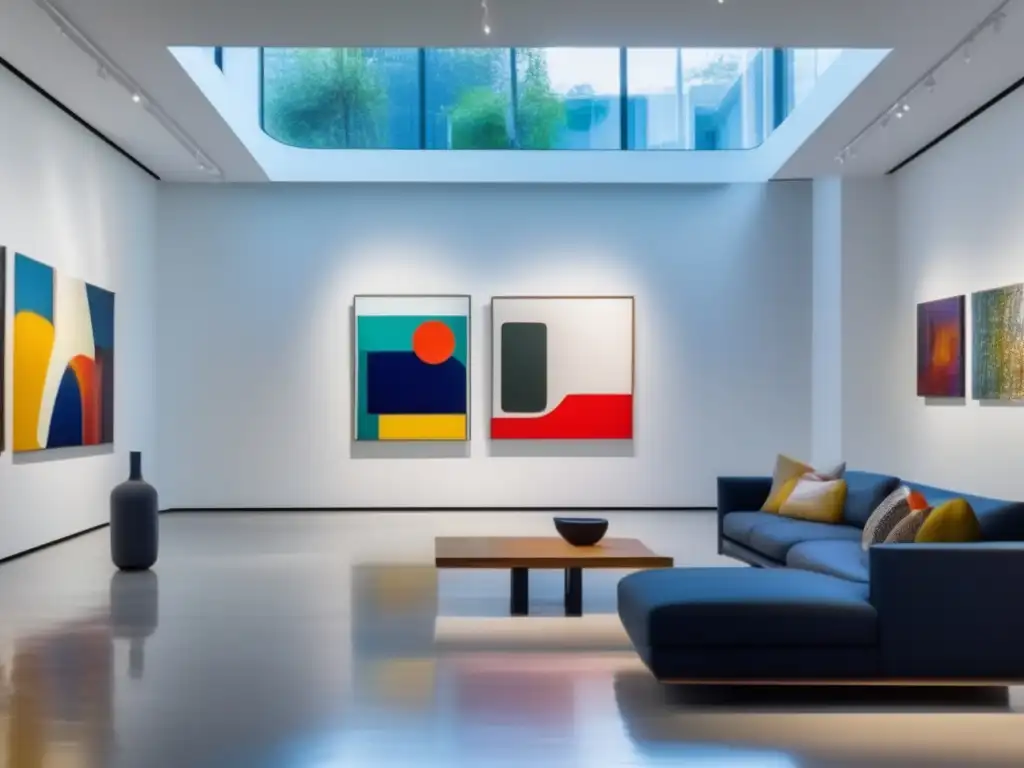 Galería de arte moderna y vibrante Galería de arte moderna con obras vibrantes y mobiliario minimalista