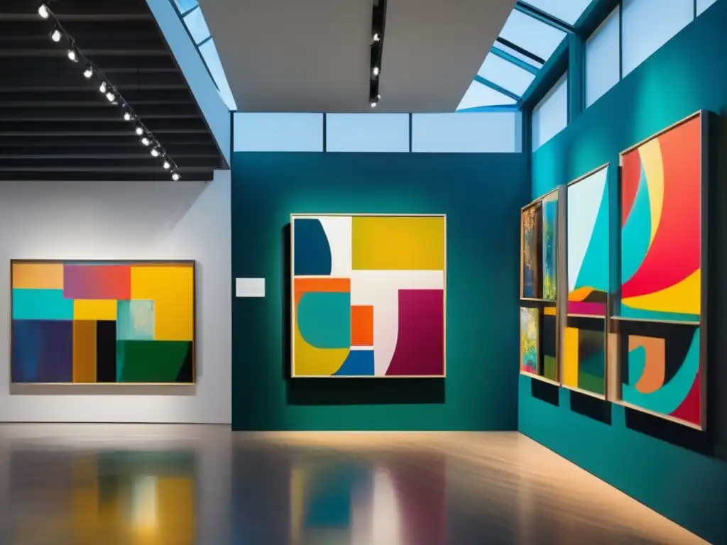 Galería de arte moderno: obras vibrantes y visitantes sofisticados Galería de arte moderno con cuadros vibrantes y abstractos