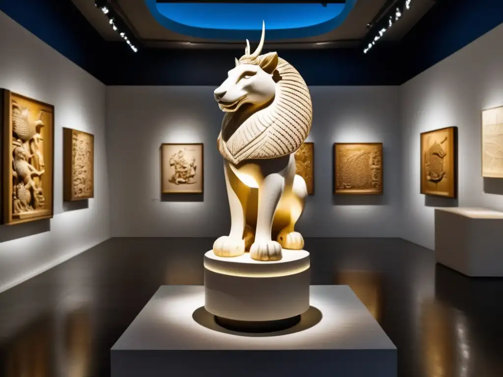 Galería de arte: Escultura de marfil de criatura mítica Galería de arte moderno con objeto exótico en pedestal