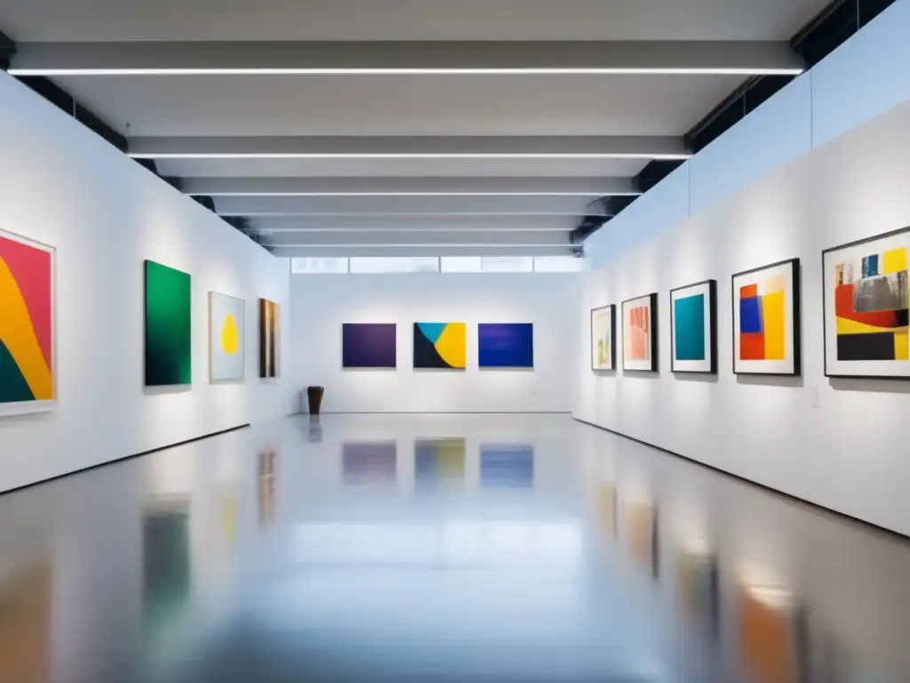 Moderna galería de arte con obras vibrantes y diversas Galería de arte moderno con obras vibrantes y diversas, iluminada con luz natural