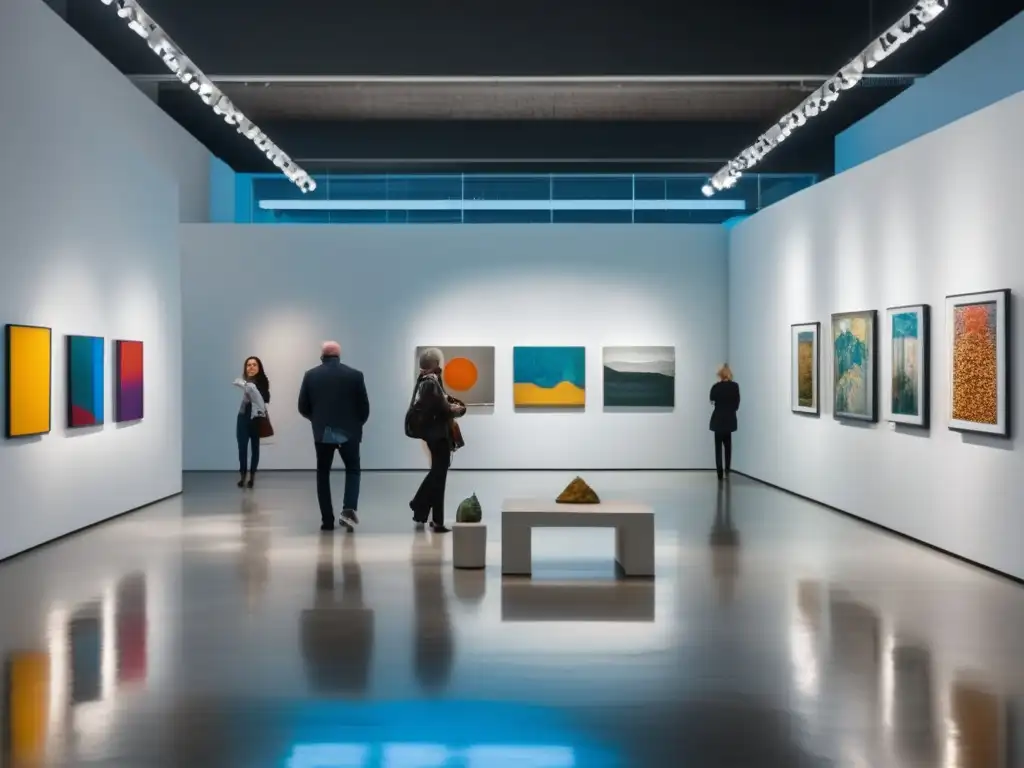 Galería de arte moderno: obras de arte y visitantes Galería de arte moderno con obras de arte vibrantes y detalladas