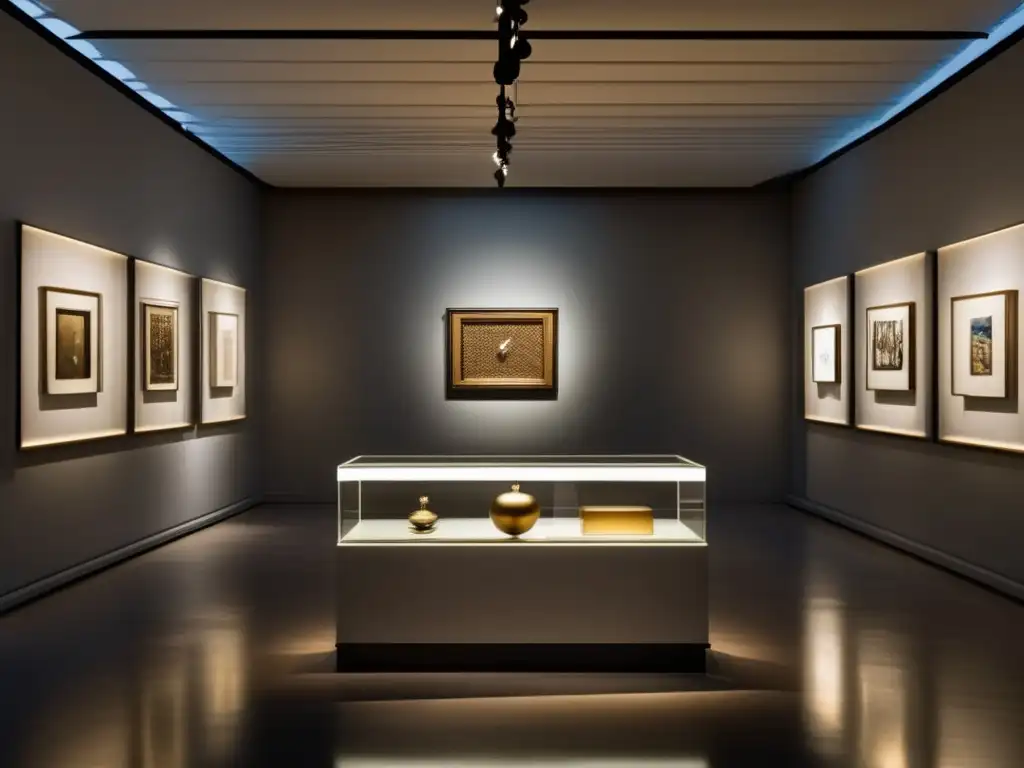 Exquisita galería de arte con antigüedades Galería de arte moderno: piezas antiguas exquisitas iluminadas