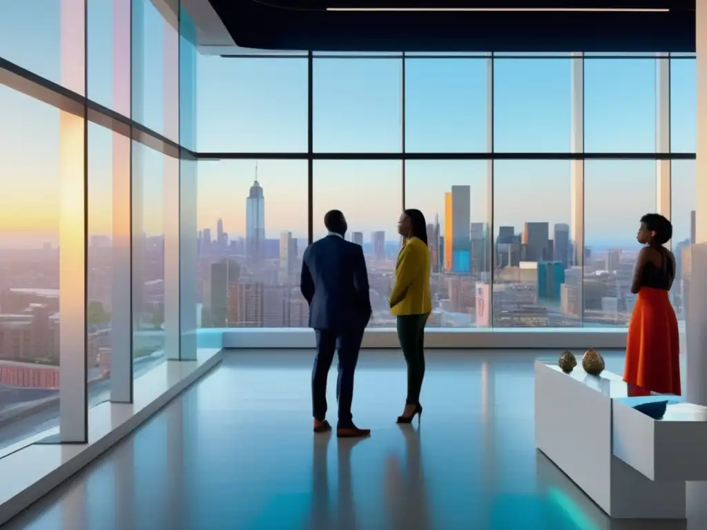Galería de arte moderno con vista a la ciudad Galería de arte moderno con ventanales y obras únicas - Invertir en obras maestras desconocidas