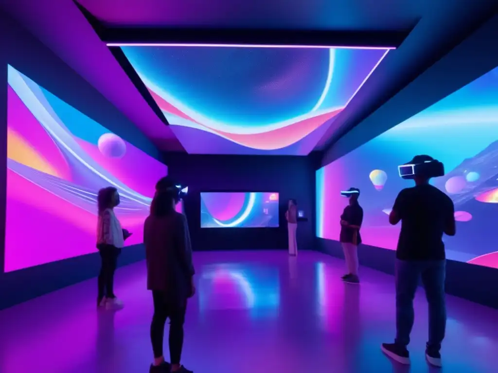 Futurista galería virtual con arte NFT vibrante y surrealista Galería de arte virtual futurista con NFTs en el mercado financiero