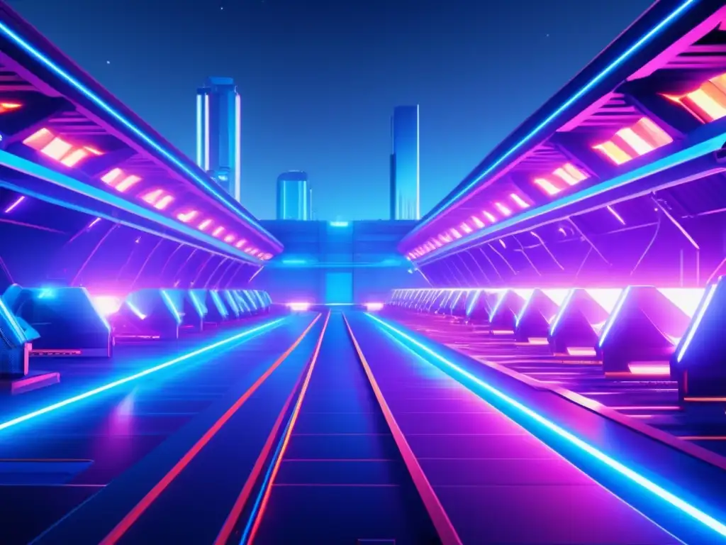 Futuro minero eficiente con tecnología avanzada Ganancias en minería de criptomonedas en una futurista instalación minera con estructuras metálicas iluminadas por luces de neón