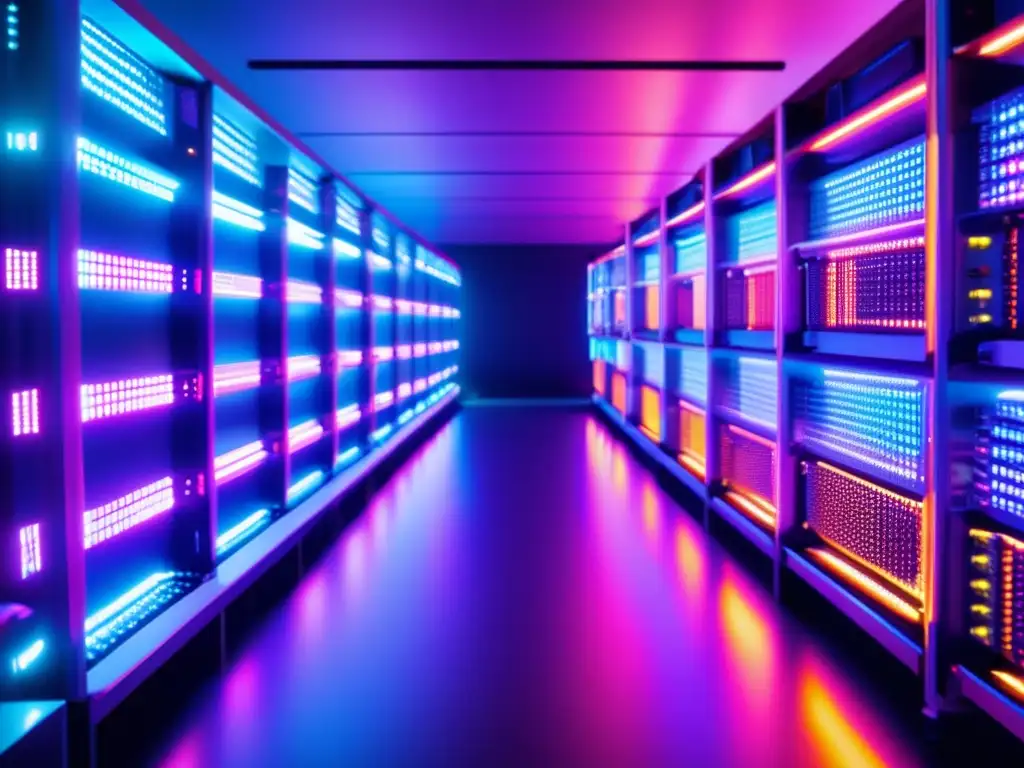 Granja de minería de criptomonedas moderna Ganancias en minería de criptomonedas: sala hightech con mineros ASIC y GPUs potentes, iluminados por luces LED coloridas