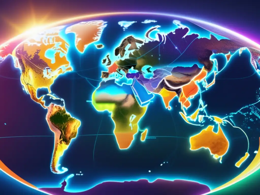 Mapa energético global Geopolítica y acciones de energía: Mapa mundial interconectado de energía con colores vibrantes y líneas que representan fuentes energéticas