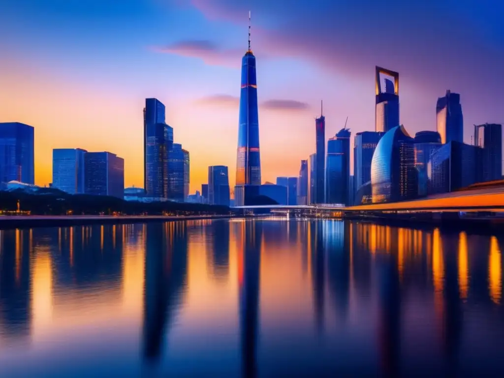 Skyline futurista de una ciudad al atardecer Tensión geopolítica en ETFs de mercados emergentes