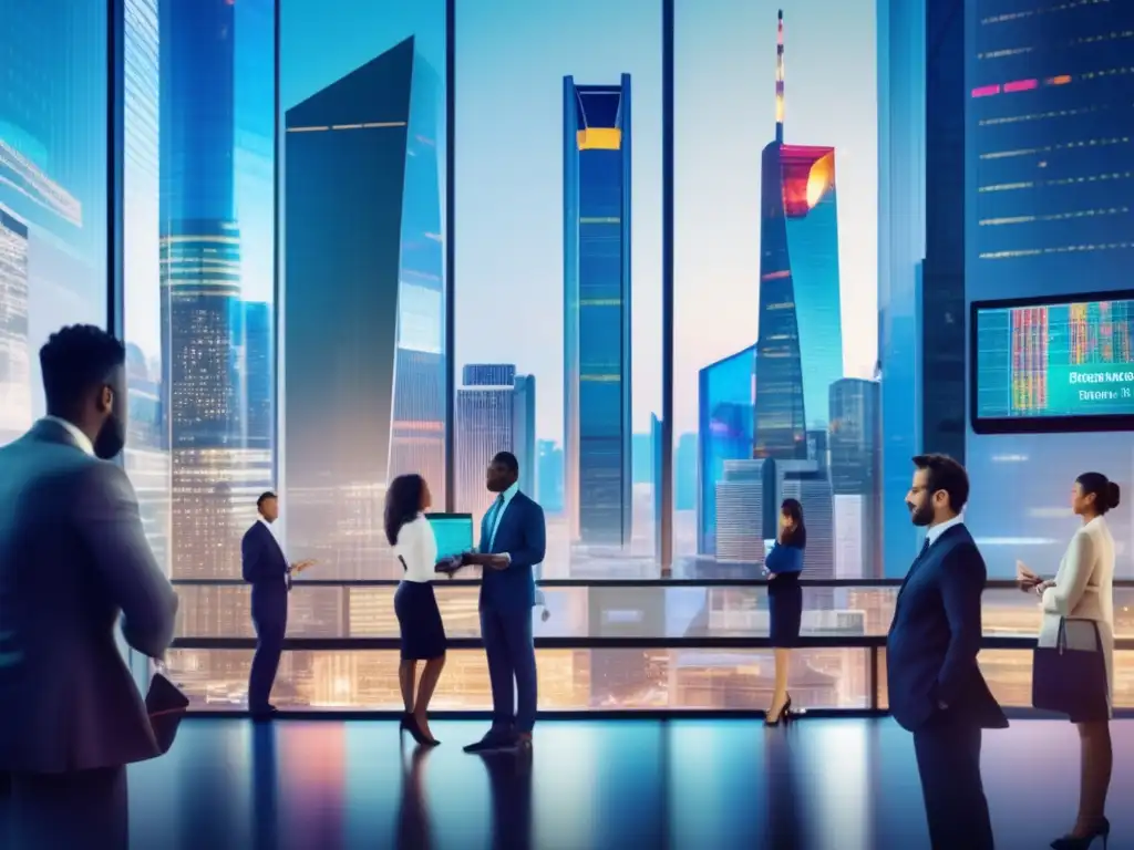 Mercado financiero global - Global mercado financiero con profesionales en actividades financieras y modernos rascacielos - Políticas monetarias e inversión financiera