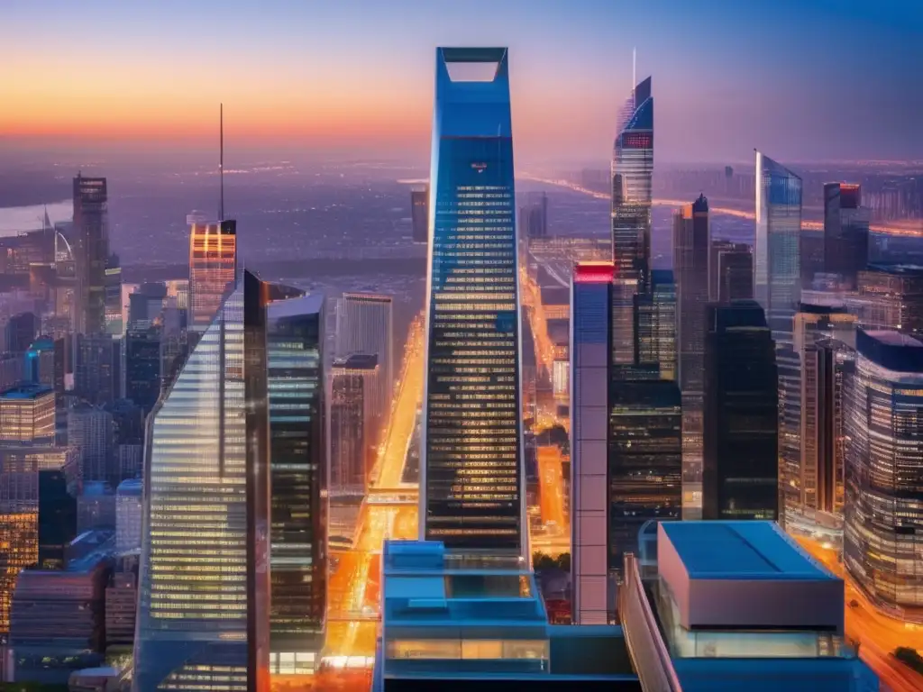 Ciudad moderna y vibrante al atardecer Diversificación global en mercados emergentes: ciudad vibrante al atardecer, rascacielos iluminados y profesionales en actividad
