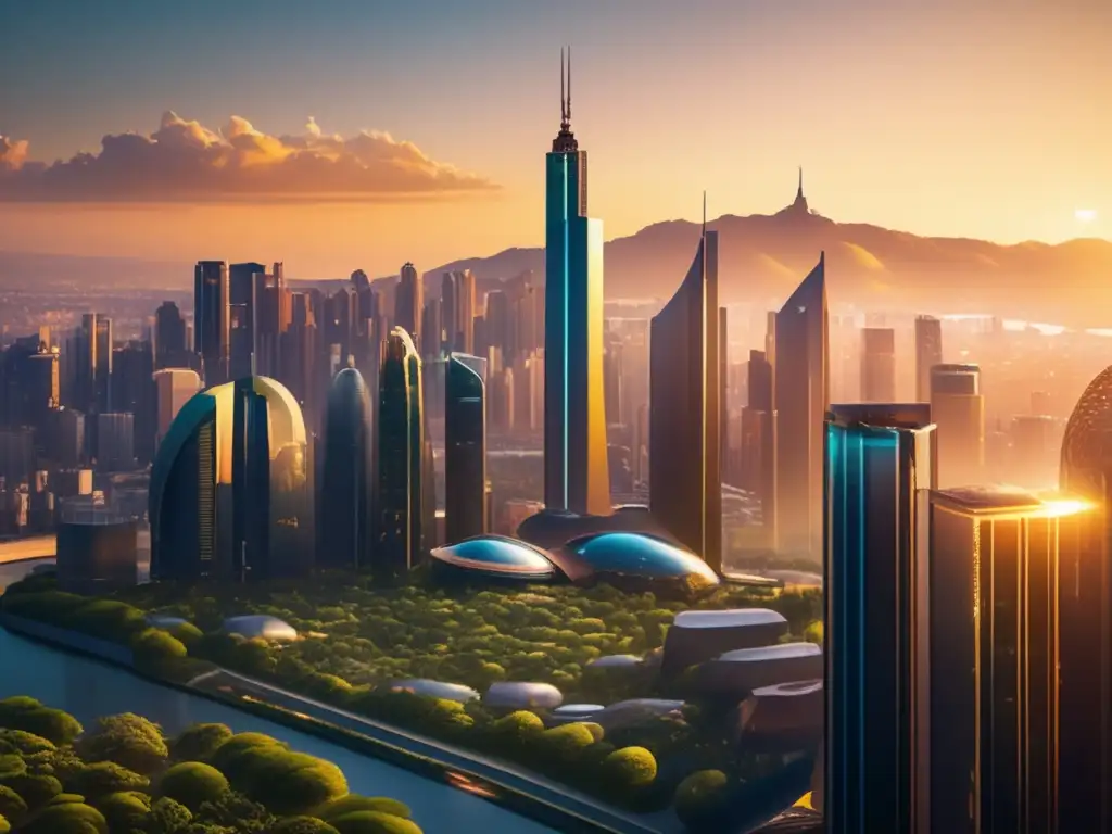 Ciudad futurista diversificada Diversificación global en mercados emergentes: Futurista ciudad al atardecer, rascacielos de cristal y sectores representados