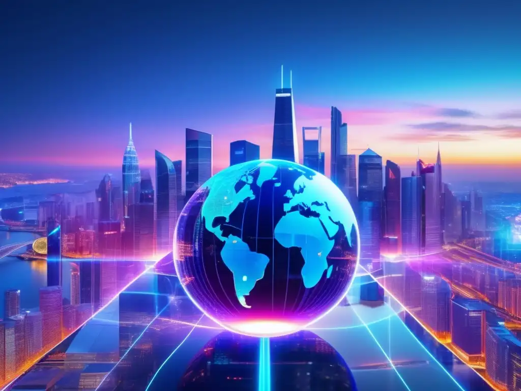 Interconexión global de mercados financieros ETFs globales para inversiones en una ciudad futurista con rascacielos iluminados y una red de líneas financieras