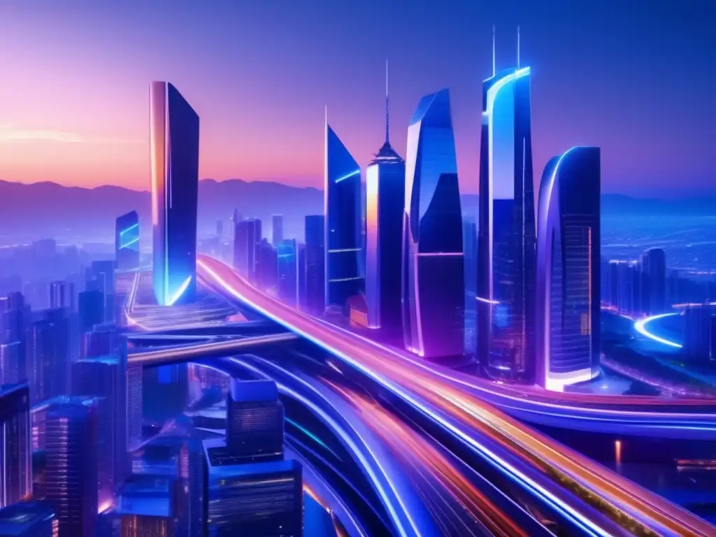 Ciudad futurista en 8k con rascacielos, luces y actividad ETFs globales para inversiones en una ciudad futurista llena de rascacielos iluminados y conectividad