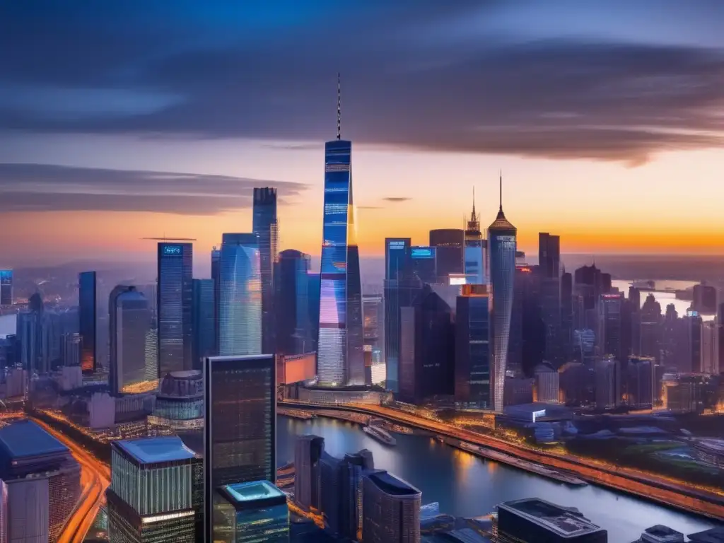 Ciudad moderna con rascacielos y ETFs ETFs globales para inversiones - Ciudad panorámica al atardecer con modernos rascacielos reflejados en ventanas de oficina