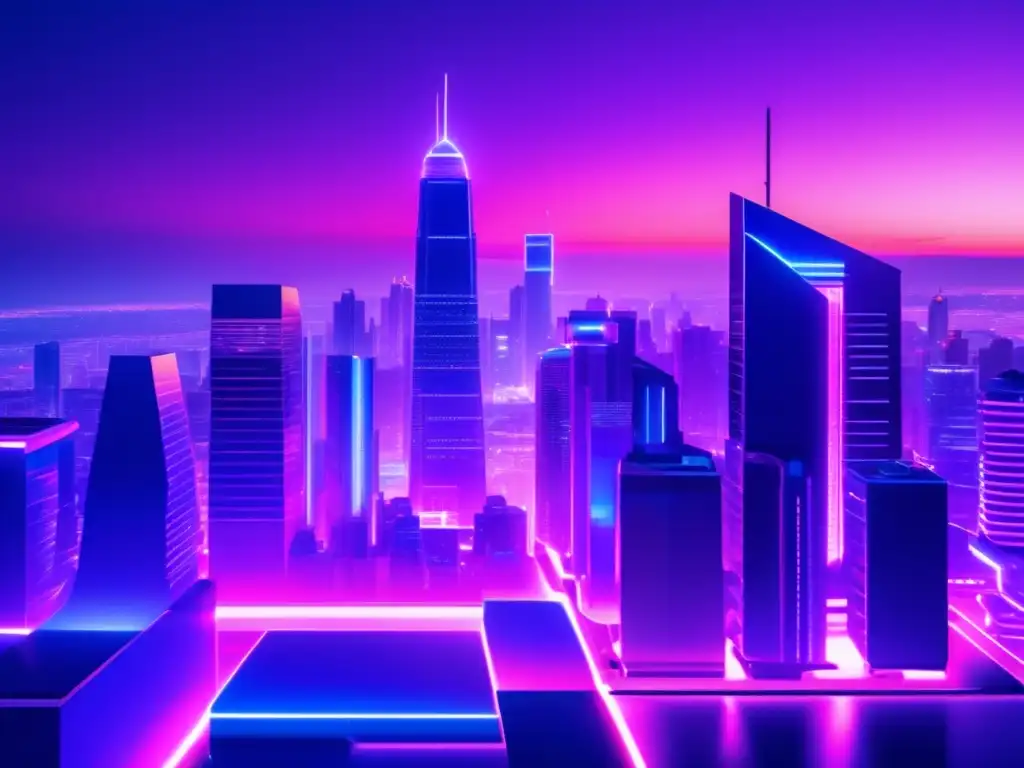 Ciudad futurista iluminada por luces neón ETFs globales para inversiones: ciudad futurista con rascacielos iluminados por luces de neón reflejadas en vidrios modernos