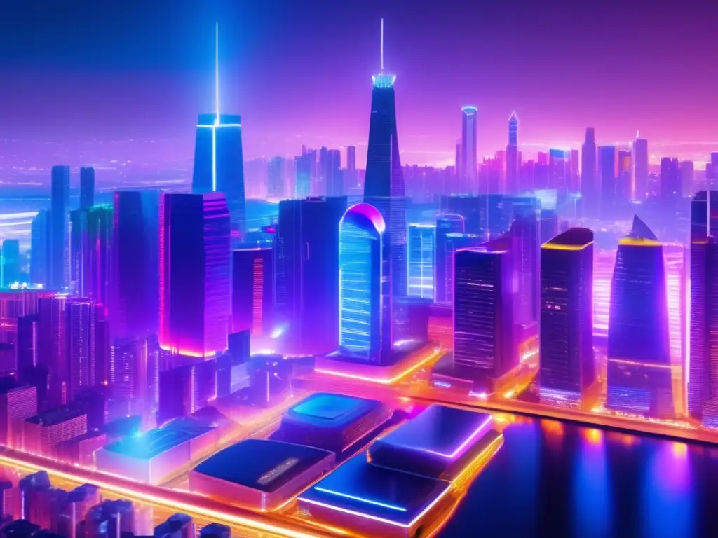 Metrópolis futurista con comunidad criptográfica Gobernanza criptomonedas: Futuro metrópolis transparente, comunidad activa y participativa