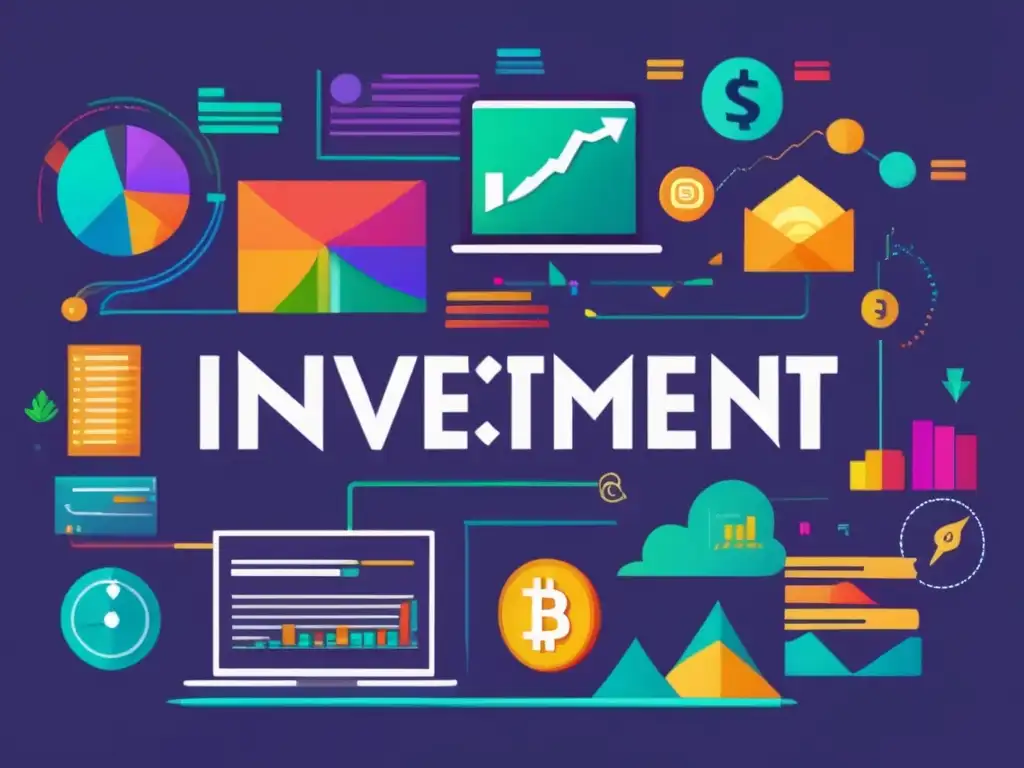 Opciones de inversión para estudiantes Gráfica moderna de activos de inversión: acciones, bonos, inmuebles, fondos mutuos y criptomonedas