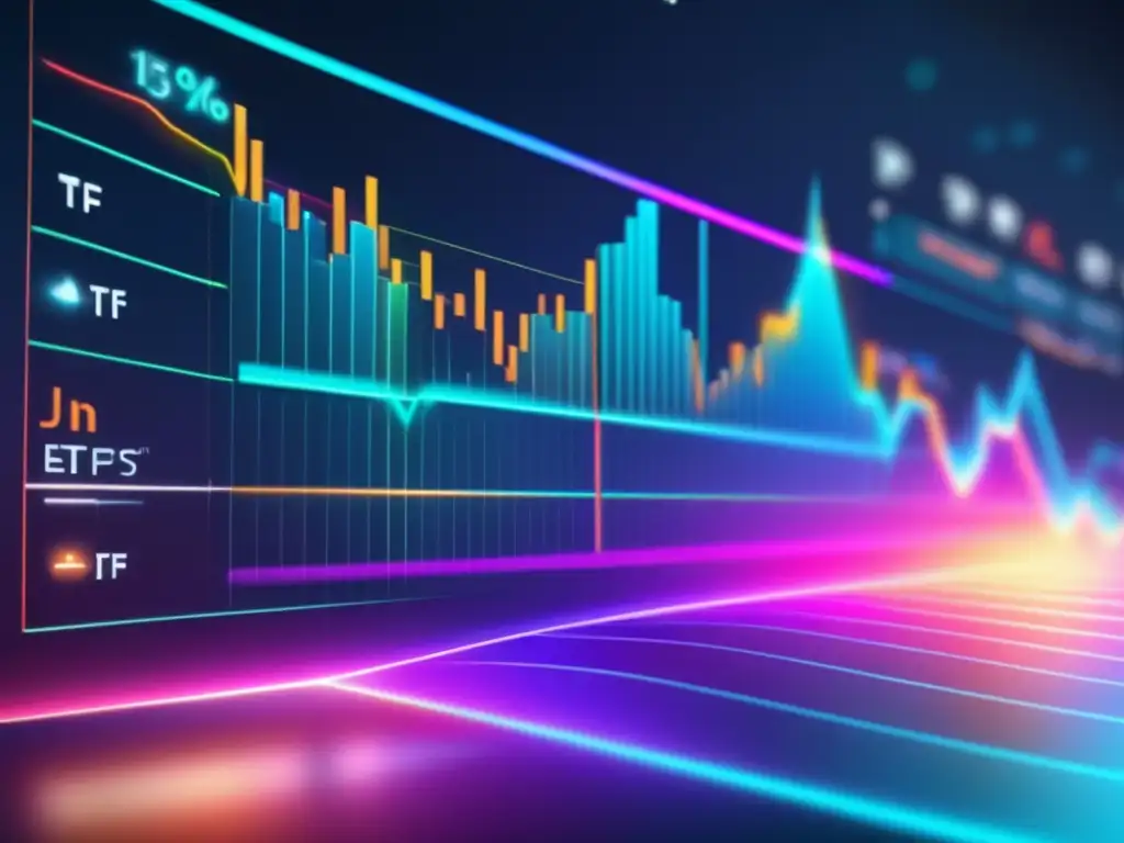 Relación entre tasas de interés y ETFs Gráfico financiero de alto detalle con relación entre tasas de interés y ETFs en una pantalla holográfica futurista