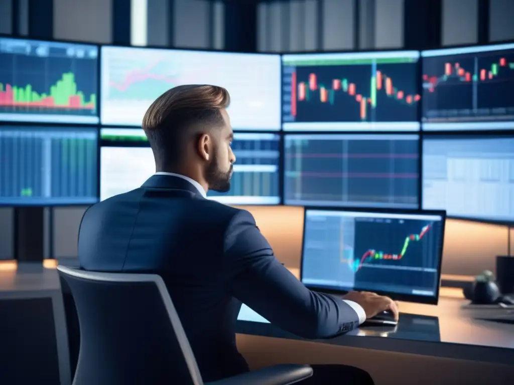Trader analizando gráficos en oficina moderna Trader analizando gráficos financieros en oficina moderna (Beneficios de la inteligencia emocional en el trading)