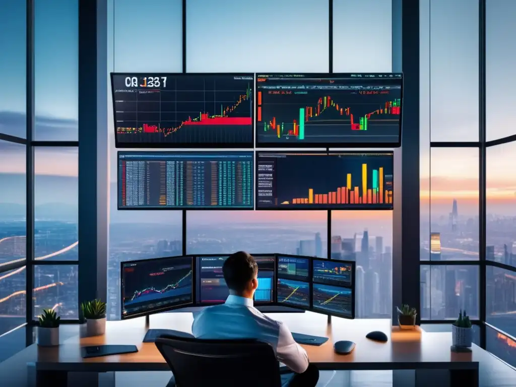 Trader analizando gráficos de bolsa en oficina moderna Trader analizando gráficos de mercado con análisis técnico en una oficina moderna y futurista