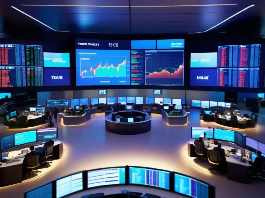 Traders analizando gráficos en una moderna sala de operaciones Bolsa: Traders analizan gráficos en moderno piso bursátil, con tecnología de vanguardia y datos en tiempo real