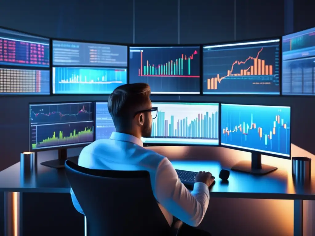 Trader analizando gráficos con indicadores técnicos Trader analizando gráficos con patrones japoneses, tendencias y soportes y resistencias, en entorno futurista