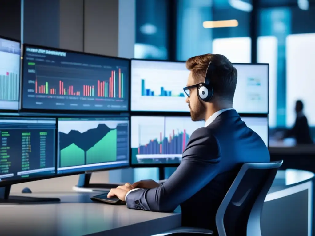 Trader analizando gráficos en una sala de trading moderna Trader analizando gráficos en sala de trading moderna