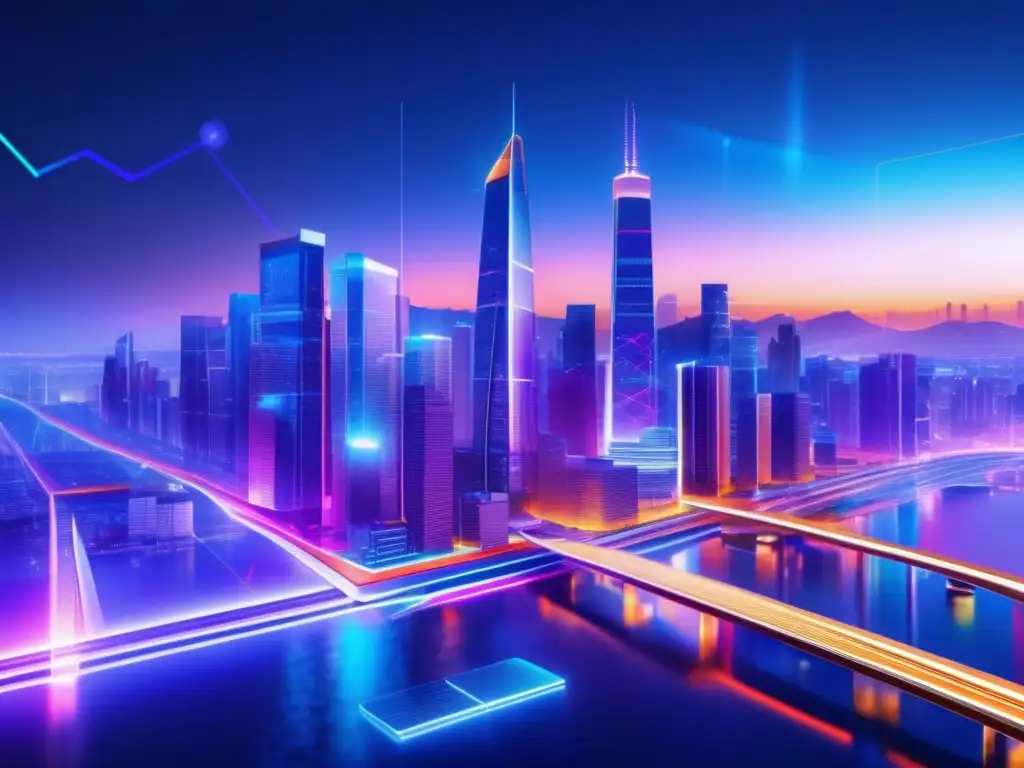 Futuro ciudad nocturna con gráficos y datos iluminados Interpretación de gráficos y tendencias del mercado en una ciudad futurista iluminada -