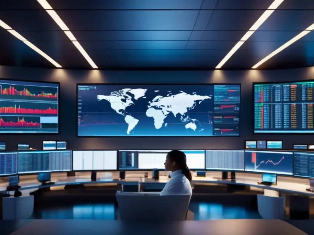 Sala de operaciones moderna de alta resolución Interpreta gráficos y tendencias del mercado en una moderna sala de trading con monitores de última generación y traders analizando datos