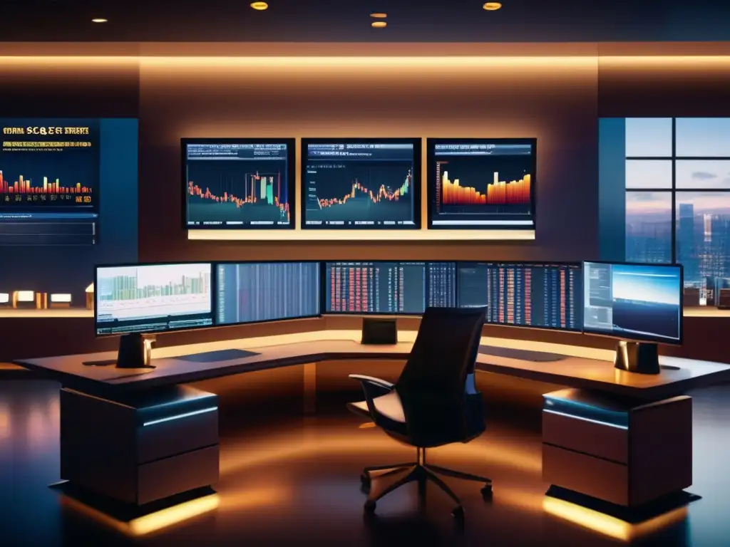 Moderna sala de trading con gráficos de velas japonesas Interpretación de gráficos de velas japonesas en moderno trading desk