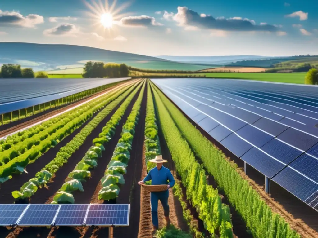 Energía solar y agricultura sostenible Una granja solar en armonía con la agricultura sostenible, simbolizando el impacto del cambio climático en inversiones europeas