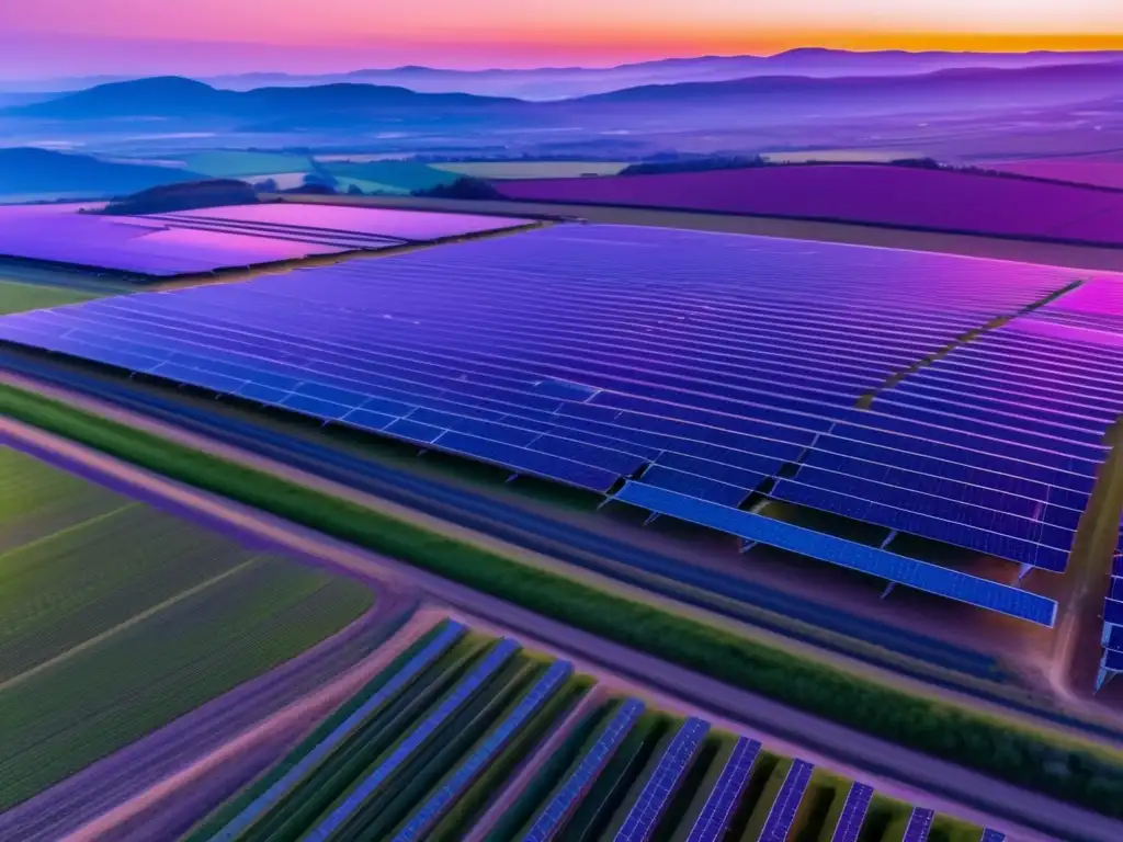 Energía solar en atardecer vibrante Granja solar en atardecer: energía limpia y sostenible