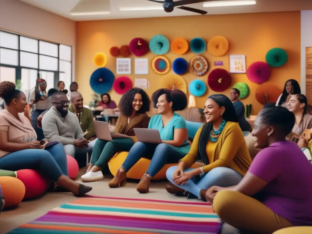 Comunidad diversa y colaborativa en centro comunitario vibrante Grupo diverso con actividades emprendedoras y empoderamiento financiero a través de microcréditos