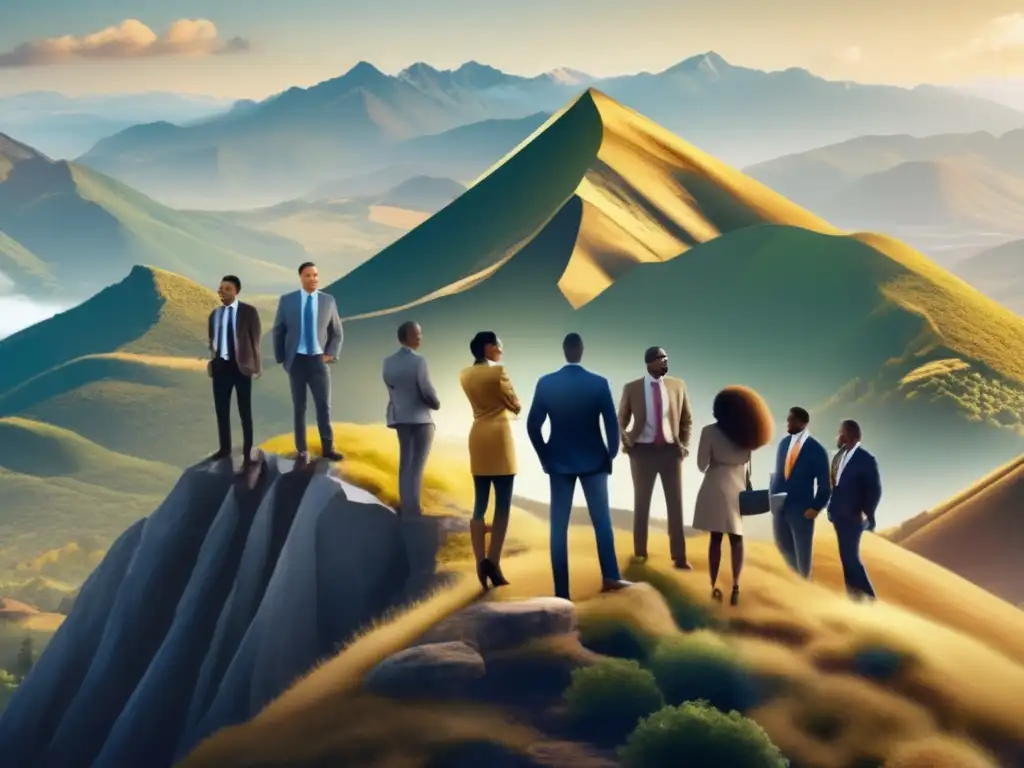 Grupo diverso en cima de montaña, simbolizando éxito financiero y oportunidades Grupo diverso en la cima de una montaña, símbolo de éxito y oportunidad financiera con fondos mutuos