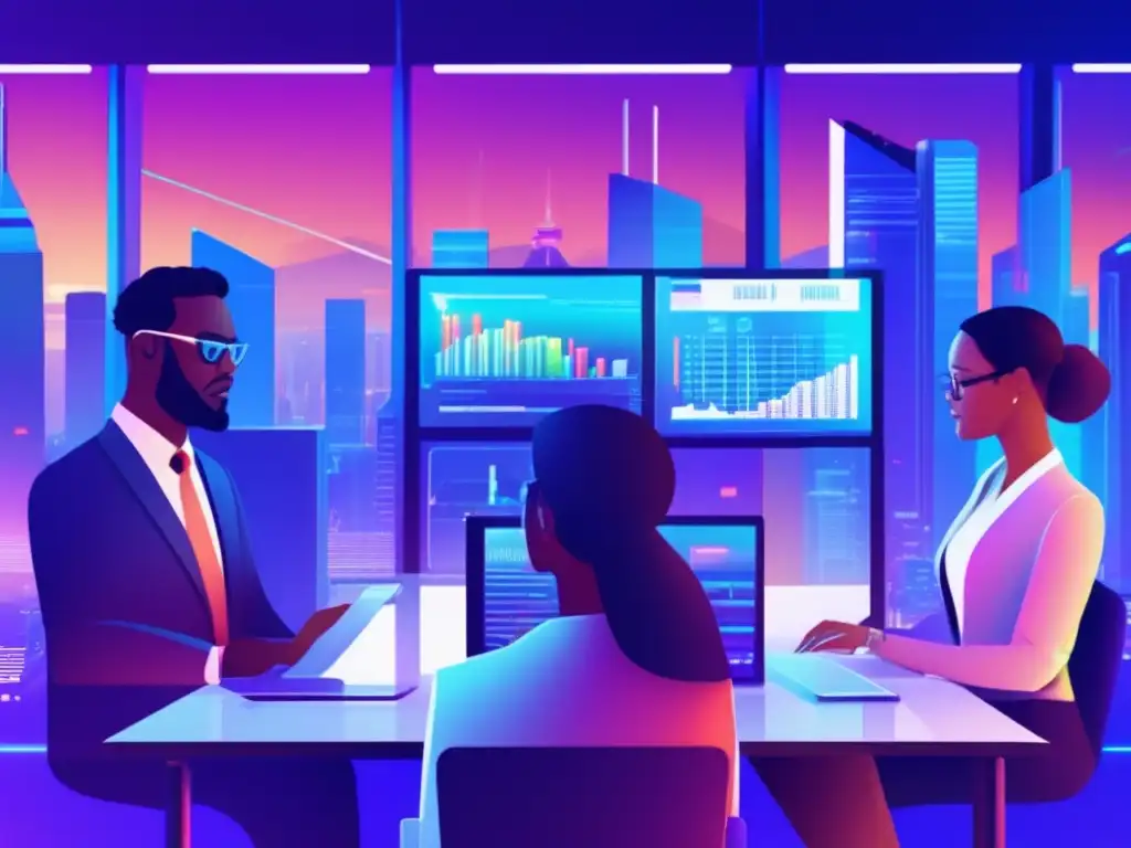 Equipo diverso analizando datos financieros Grupo diverso analiza datos y gráficos en trading room futurista