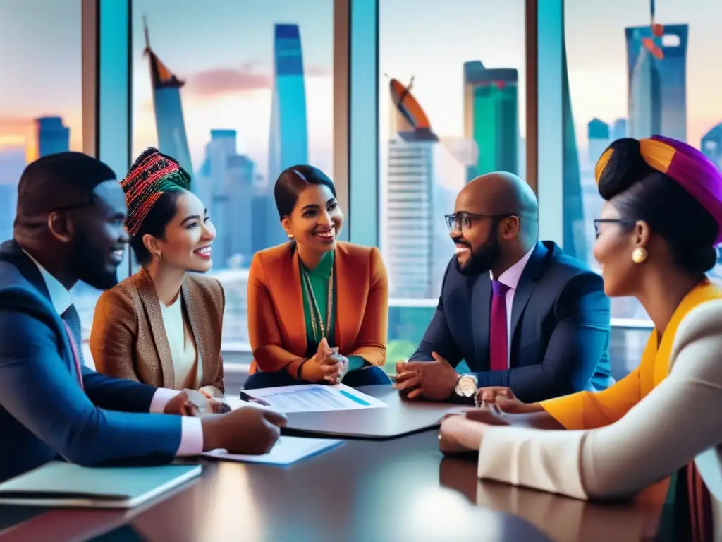 Conversación multicultural sobre finanzas Grupo diverso discutiendo educación financiera en una ciudad global con rascacielos y gráficos