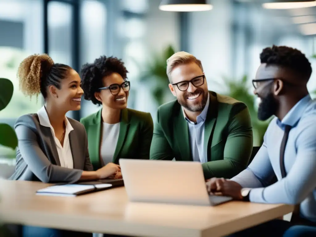 Equipo diverso colaborando en una oficina moderna Grupo diverso de empleados trabajando juntos en una oficina moderna y sostenible