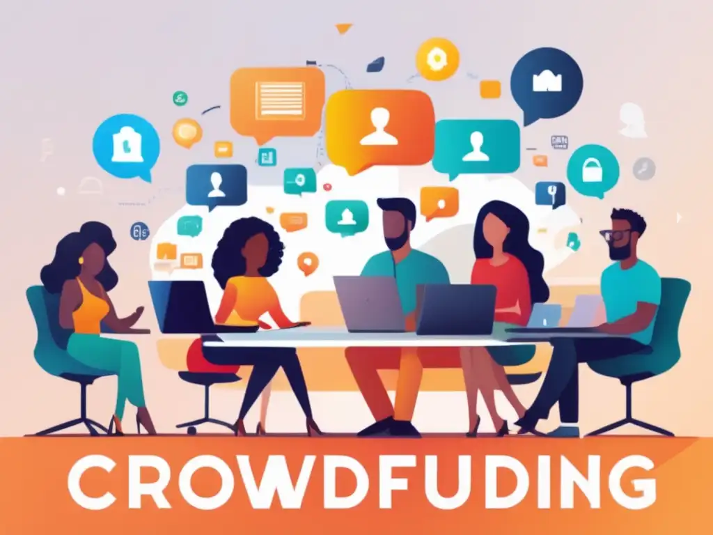 Emprendedores discutiendo crowdfunding Grupo diverso de emprendedores discuten crowdfunding y beneficios para startups innovadoras